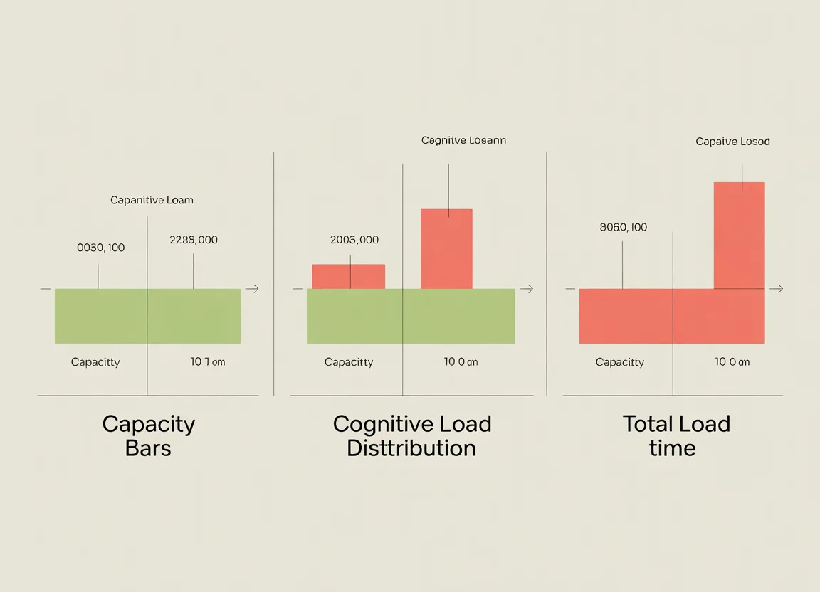 Diagram showing three types of cognitive load distribution with capacity bars and total load over time